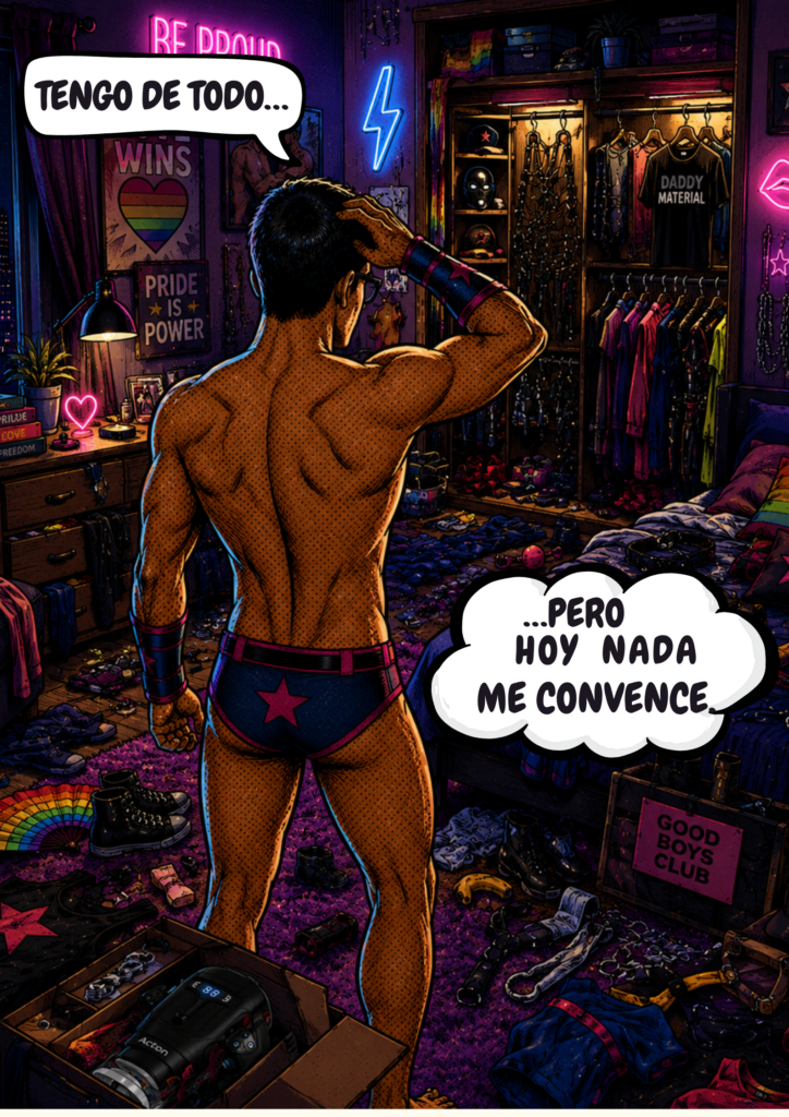 Rafa Geek buscando su producto favorito entre diferentes accesorios GAYlicious
