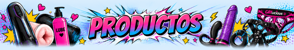 Banner de la página de productos de GAYlicious con ilustración pop art de hombres, elementos Pride y fondo de estilo cómic.