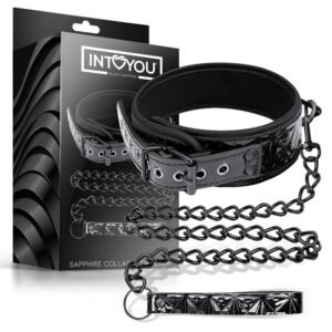 Puppy Collar BDSM Sapphire de cuero vegano con cadena metálica