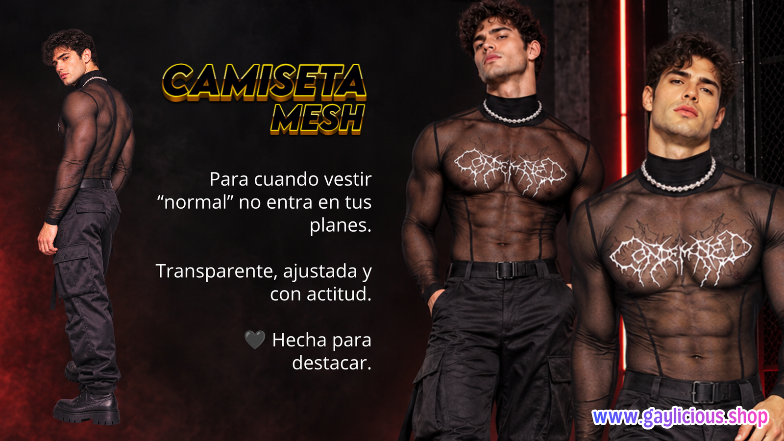 Hombre con camiseta mesh negra transparente GAYlicious