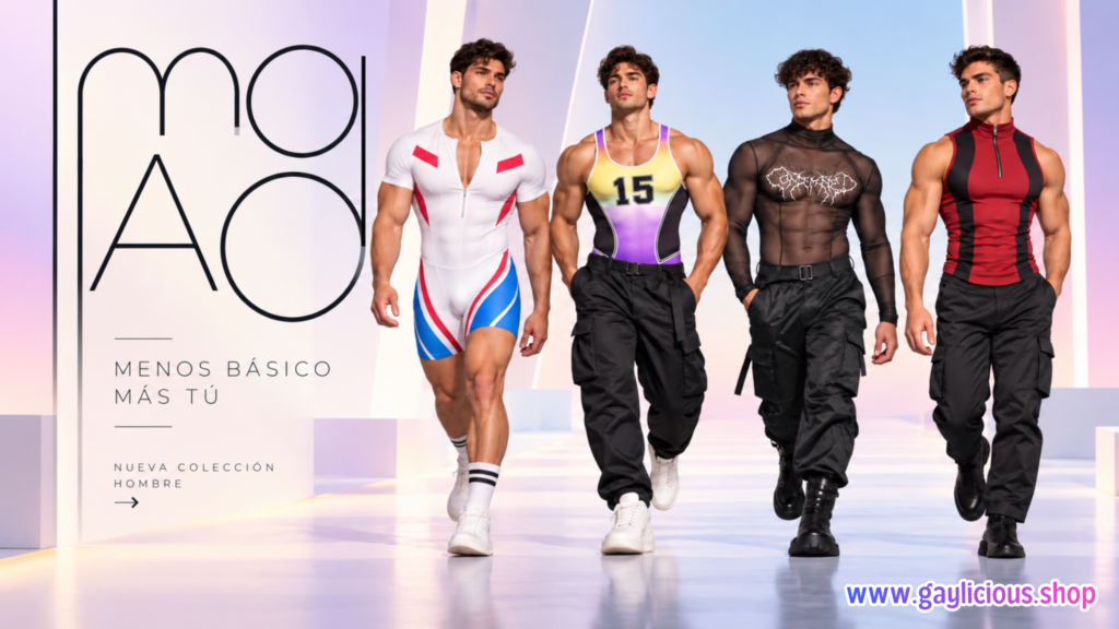 Modelos con prendas de la nueva colección de moda para hombre de GAYlicious