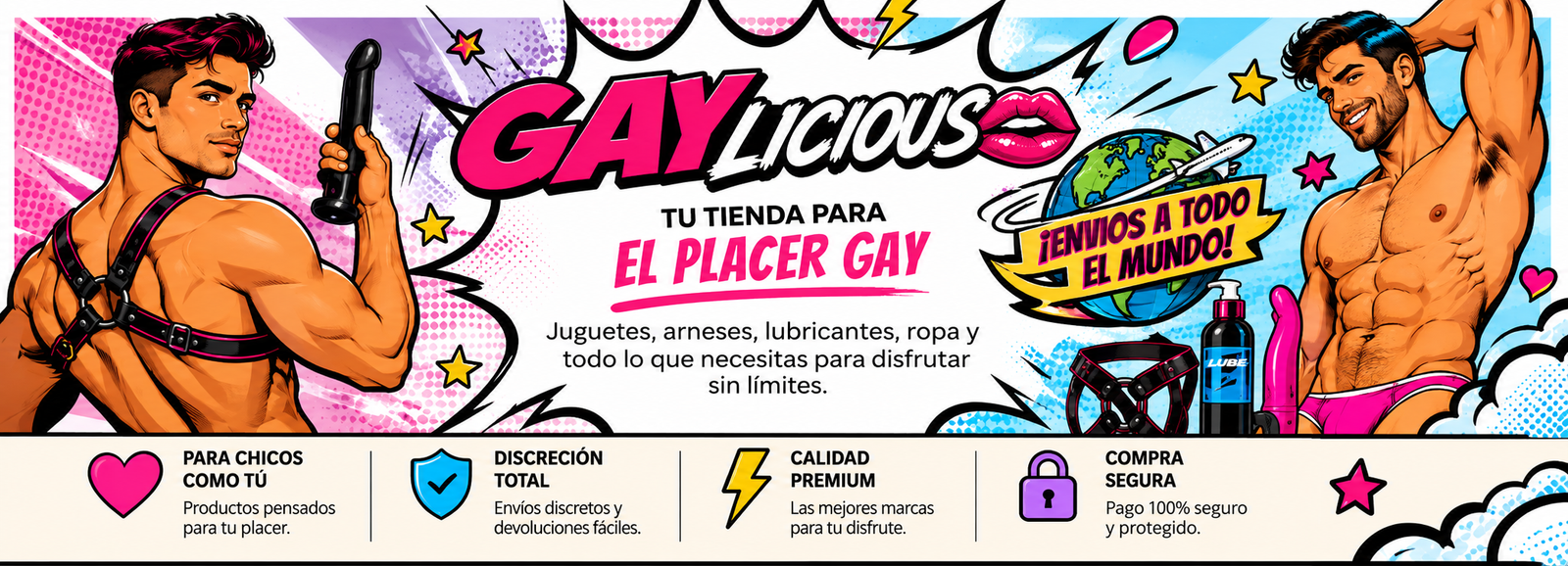 GAYlicious, tienda gay online de juguetes, accesorios y moda para hombres con mucho orgullo.
