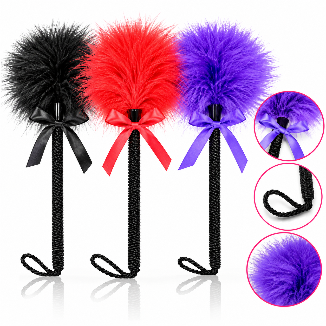 Plumero BDSM con Lazo 25 cm – Negro, Rojo y Púrpura Plumero BDSM con lazo de 25 cm en negro, rojo y púrpura
